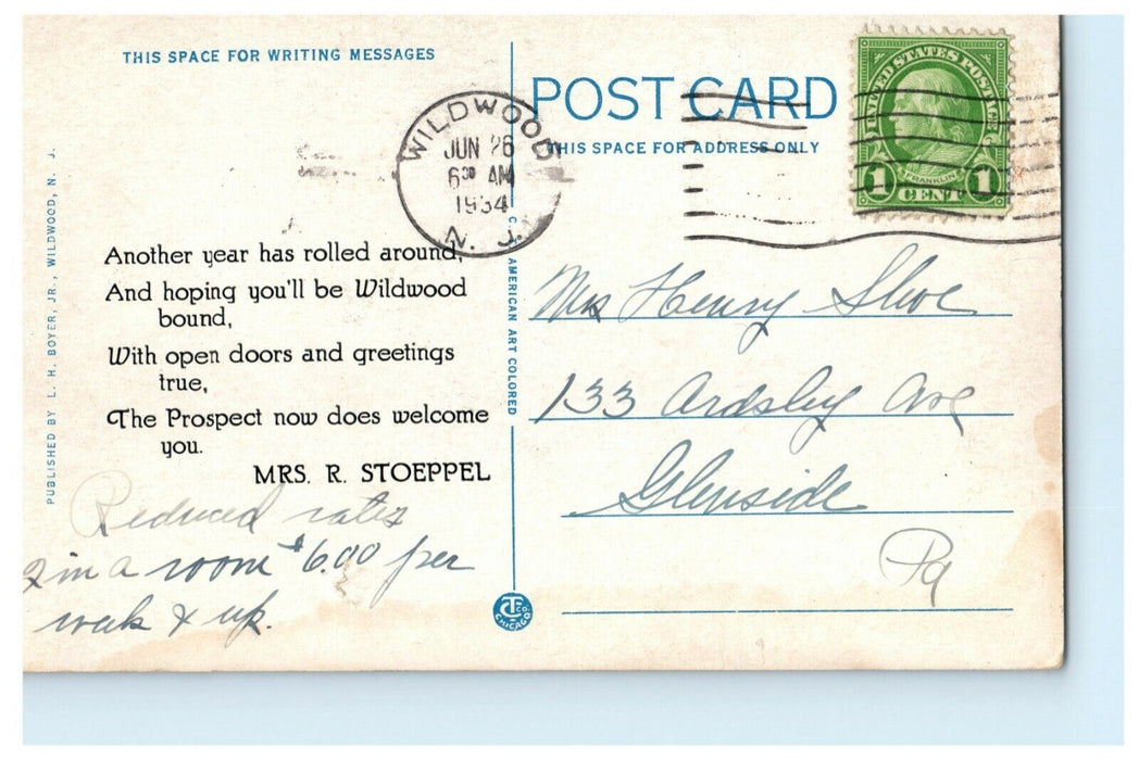 1934 The Prospect Wildwood Crest New Jersey NJ Advertising Mrs Stoeppel Postcard