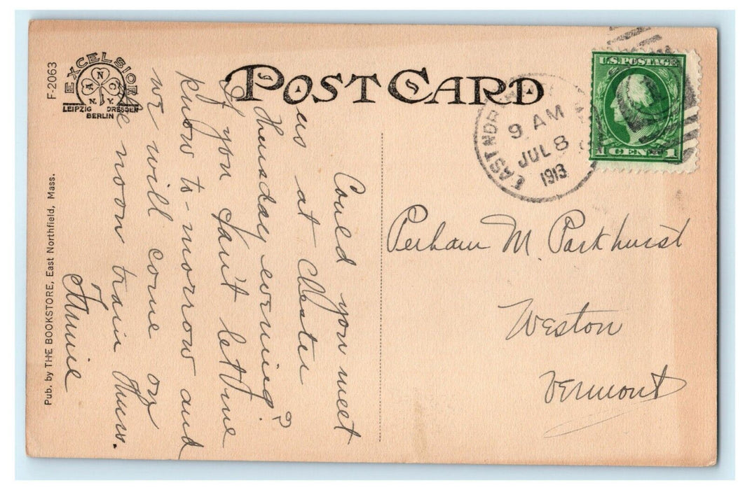1913 Auditorium East Northfield Massachusetts Antique Posted Postcard