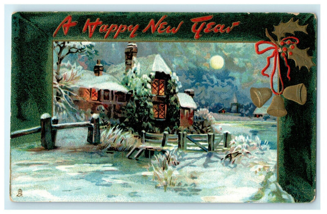 Antique 1910's Christmas New Year Tuck Cottage Bells Embossed Postcard