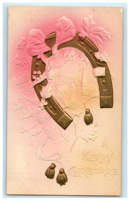 Antique 1910's Christmas Airbrushed Pink Church Horseshoe Embossed Postcard