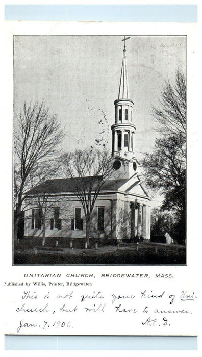 1906 Unitarian Church Bridgewater, Massachusetts MA Vintage Postcard