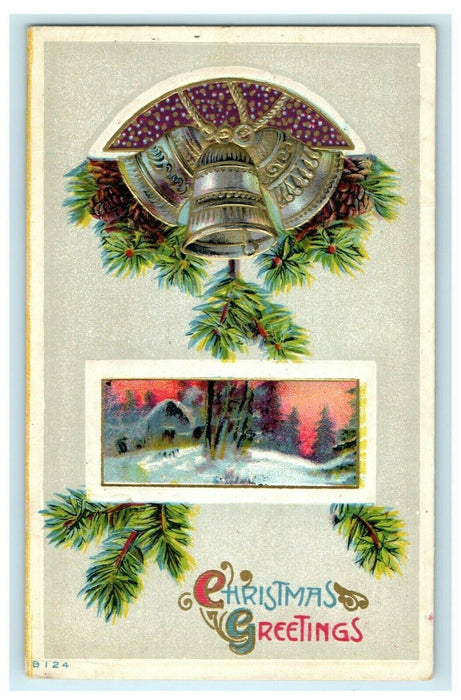 Antique 1910's Christmas Silver Bells Pine Cottage Embossed Postcard