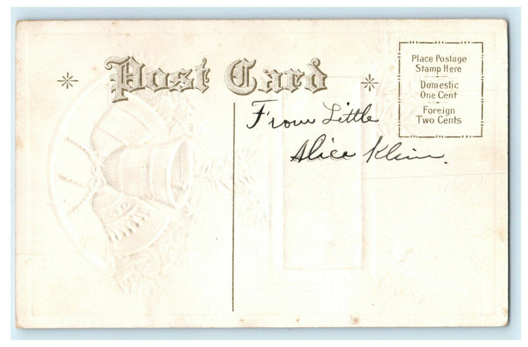 Antique 1910's Christmas Silver Bells Pine Cottage Embossed Postcard