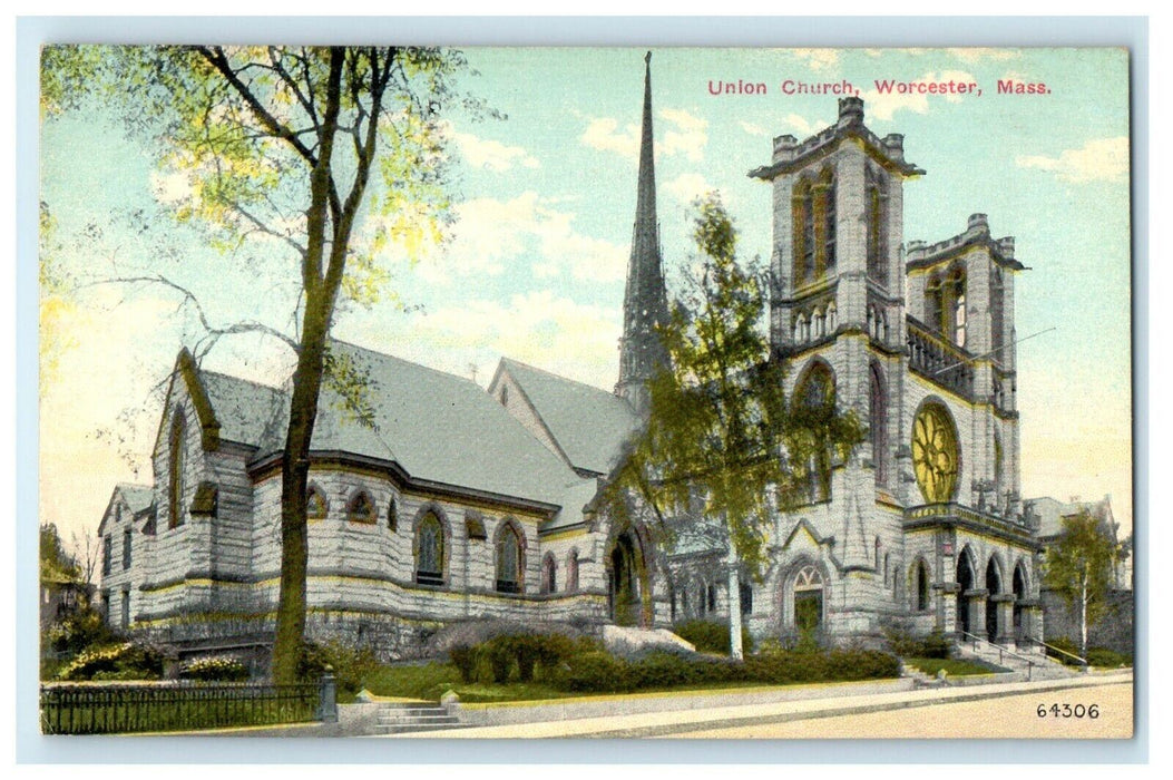 1908 Union Church View from Road, Worcester Massachusetts MA Postcard