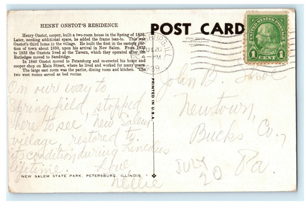 1939 Henry Onstot's Residence New Salem State Park Petersburg Illinois Postcard