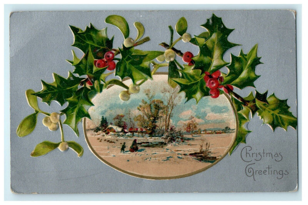 Antique 1910's Christmas Farmstead Holly Missletoe Embossed Postcard