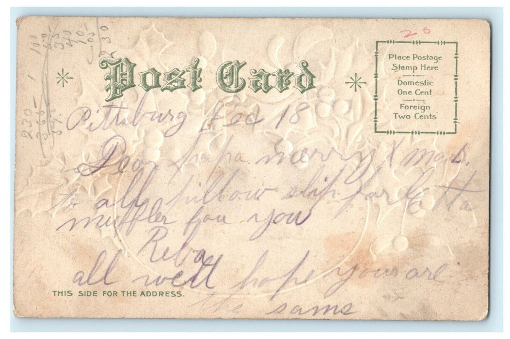 Antique 1910's Christmas Farmstead Holly Missletoe Embossed Postcard