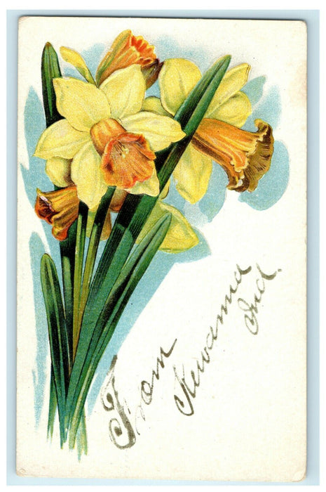 1909 Greetings From Kewanna Indiana IN Glitter Lilly Flower Embossed Postcard