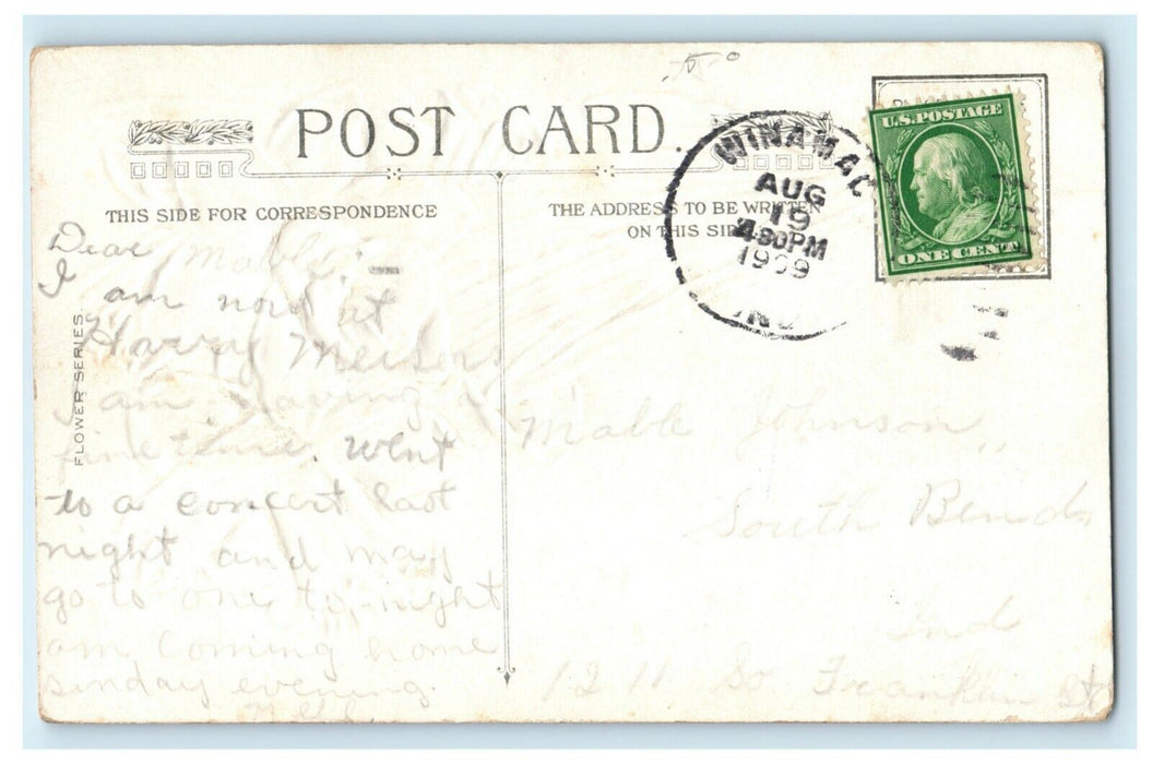1909 Greetings From Kewanna Indiana IN Glitter Lilly Flower Embossed Postcard