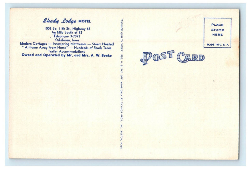 c1940s Beautiful Spot - Shady Lodge Motel, Oskaloosa Iowa IA Vintage Postcard