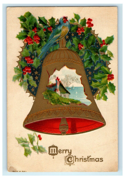 Vintage 1910's Christmas Bells Holly Gold Bird Cottage Embossed Antique Postcard