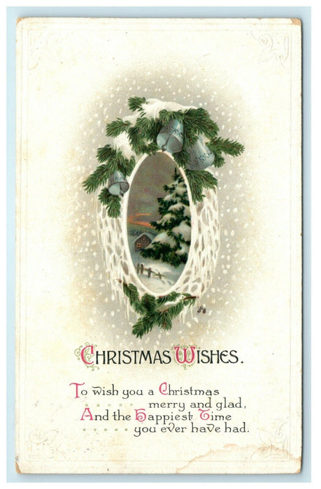 Antique 1920's Christmas Poem Silver Bells Train Church Pine Clapsaddle Postcard