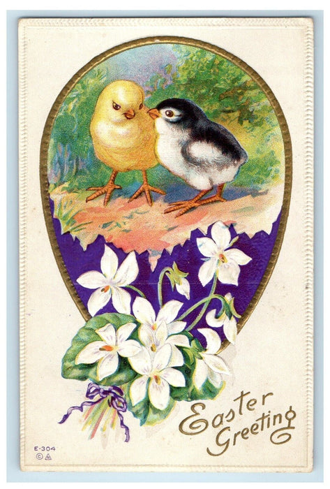 c1910's Easter Greetings Chicks Lily Flowers Embossed Posted Antique Postcard