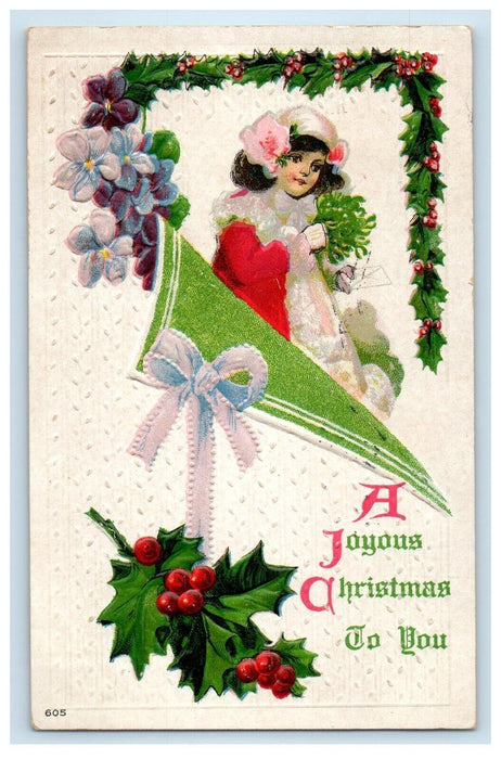 1910 Joyous Christmas Holly Berries Cute Girl Pansy Flowers Embossed Postcard