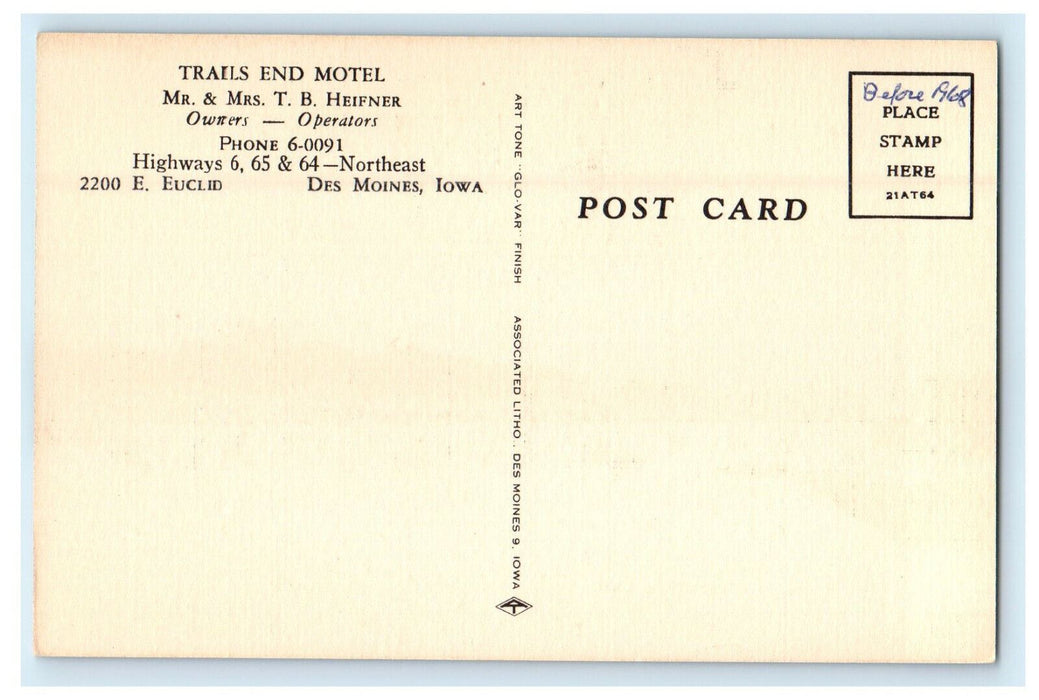 c1940s Trails End Motel Highways 6 65 64 Des Moines Iowa IA Postcard