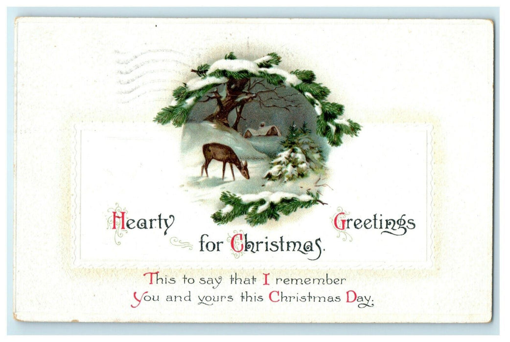 Antique 1920's Christmas Poem Silver Bells Deer Cottage Pine Clapsaddle Postcard