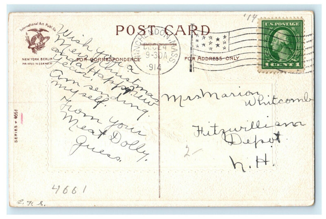 Antique 1920's Christmas Poem Silver Bells Deer Cottage Pine Clapsaddle Postcard