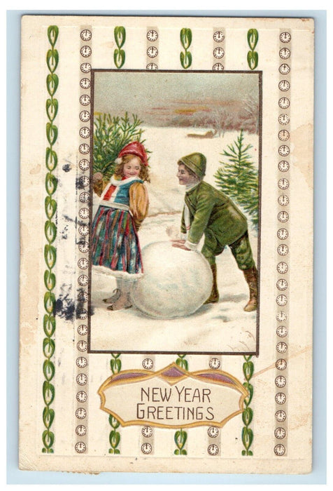 1911 New Year Greetings Girl And Boy Building Snow Winter Embossed Postcard