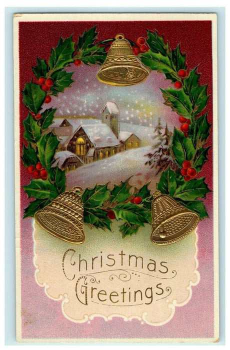 Antique 1910's Christmas Gold Gilt Bells Village Holly Germany Embossed Postcard