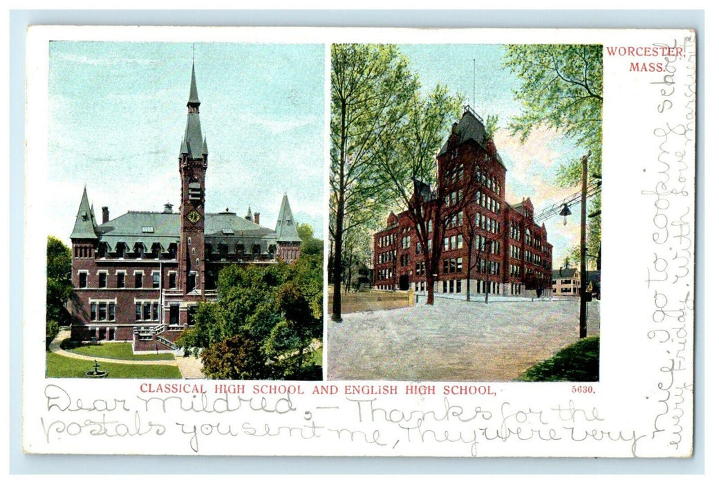 1905 Classical and English High School View, Worcester Massachusetts MA Postcard