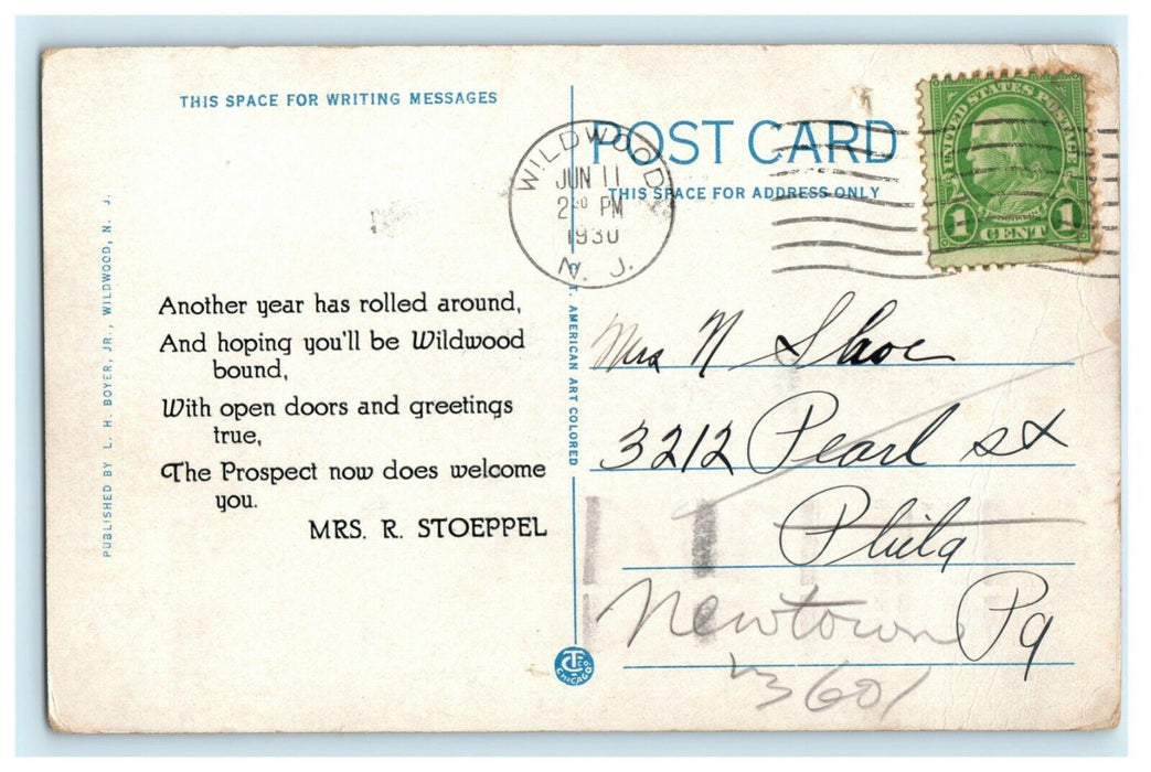 1930 The Prospect Wildwood Crest New Jersey NJ Advertising Posted Postcard