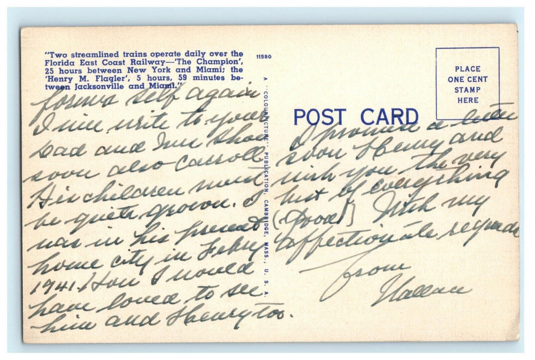 c1940's Florida East Coast Railway Streamliner Trains Miami FL Postcard