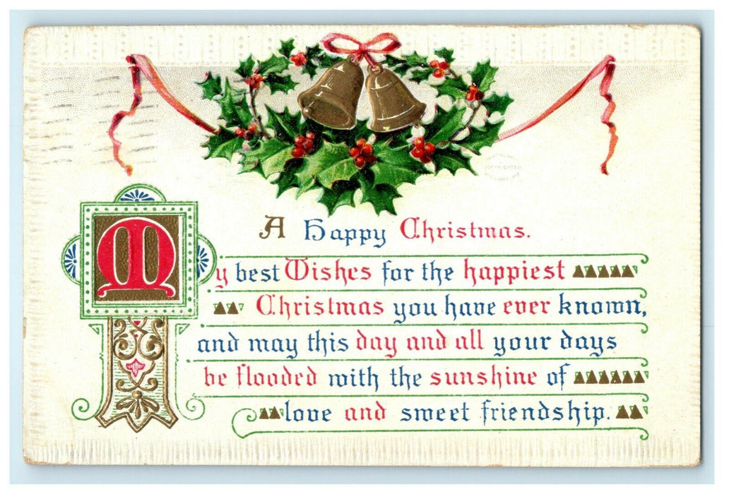 Antique 1910's Christmas Poem Bells Holly Germany Embossed Postcard