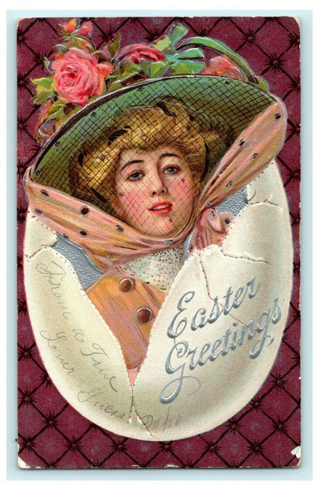 1913 Easter Victorian Woman in Bonnet Emerging From Egg Posted Antique Postcard