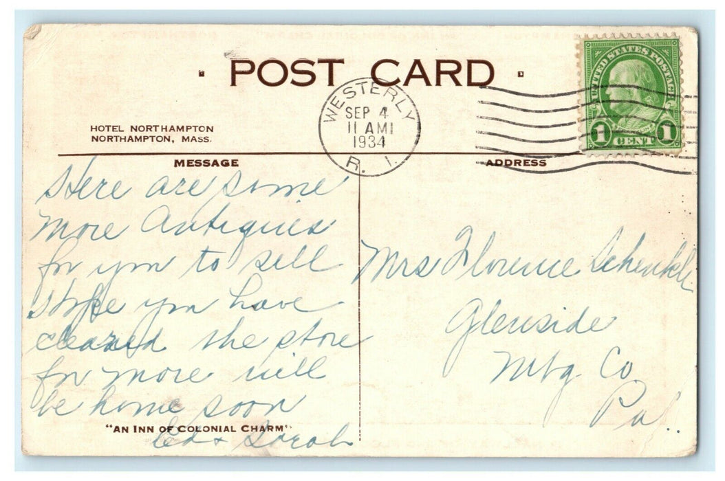 1934 Hotel Northampton Inn Wiggins Old Tavern Massachusetts Westerly RI Postcard