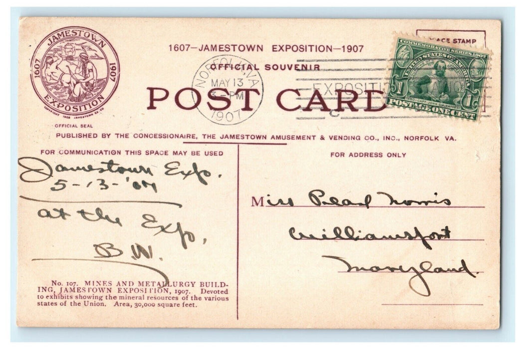 1907 Mines Metallurgy Building Jamestown Exposition Posted Norfolk VA Postcard