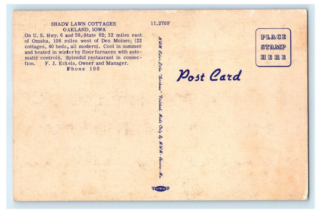 c1940s Shady Lawn Cottages Oakland Iowa IA Unposted Vintage Postcard