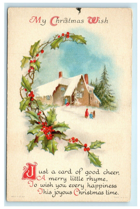 Antique 1920's Christmas Holly Cottage Family Poem Motto Vintage Postcard