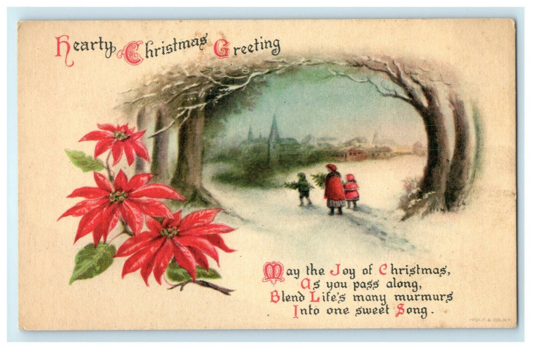 Antique 1920's Christmas Tree Wolf & Co. Church Poinsettia Poem Postcard
