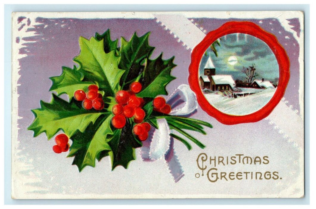 Antique 1910's Christmas Holly Church Moon Present Embossed Postcard