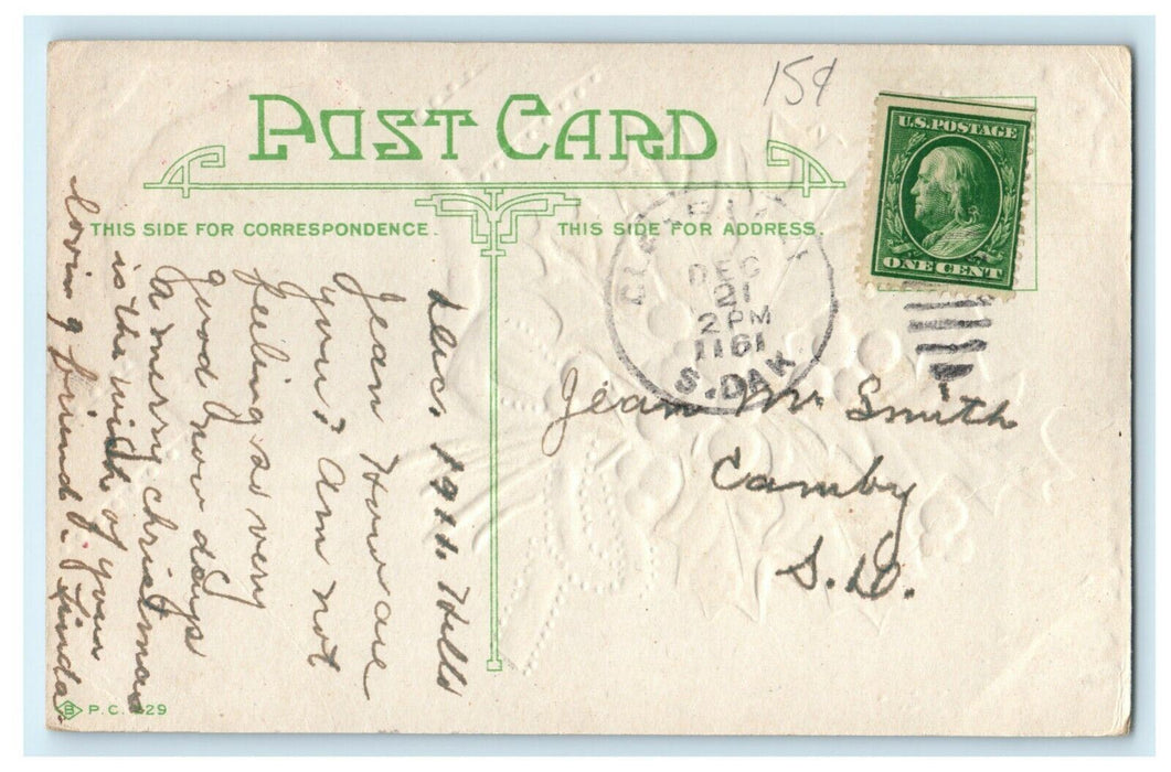 Antique 1910's Christmas Holly Church Moon Present Embossed Postcard