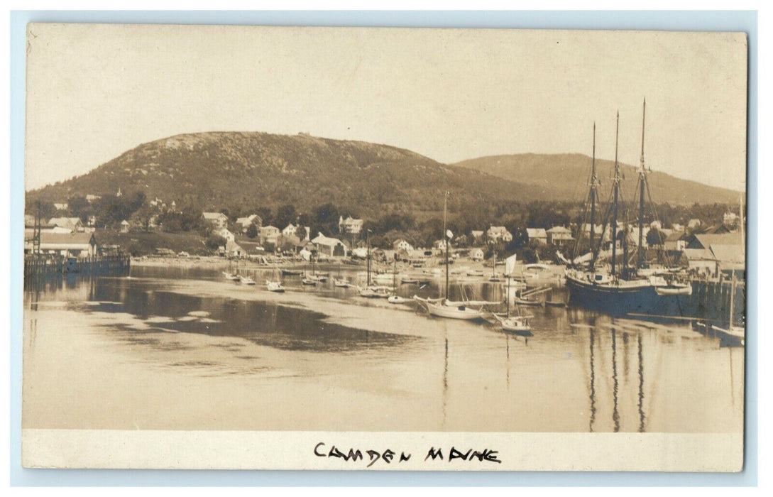 c1905 Bird's Eye View Camden Maine ME Harbor Sailboats RPPC Photo Postcard