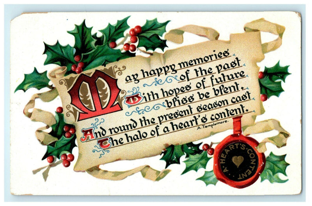 Antique 1910's Christmas Tuck Poem Motto Templemore Holly Embossed Postcard