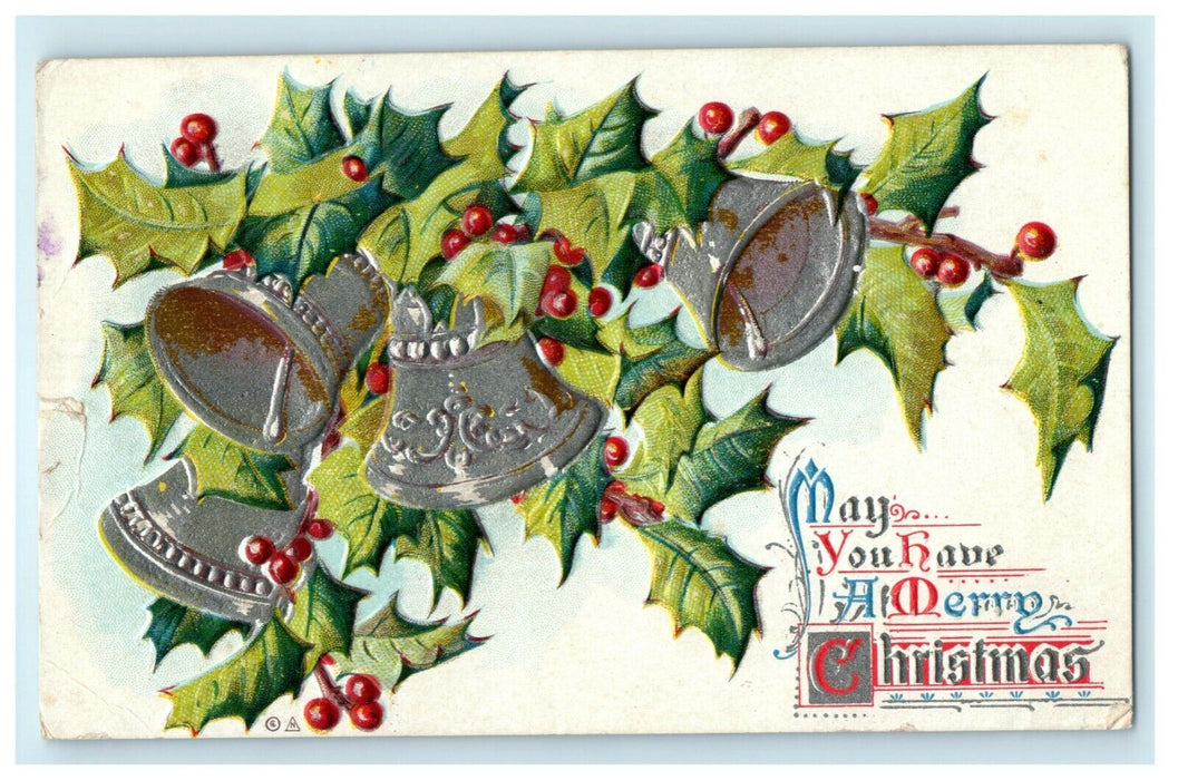 Antique 1910's Christmas Bells Holly Silver Embossed Postcard