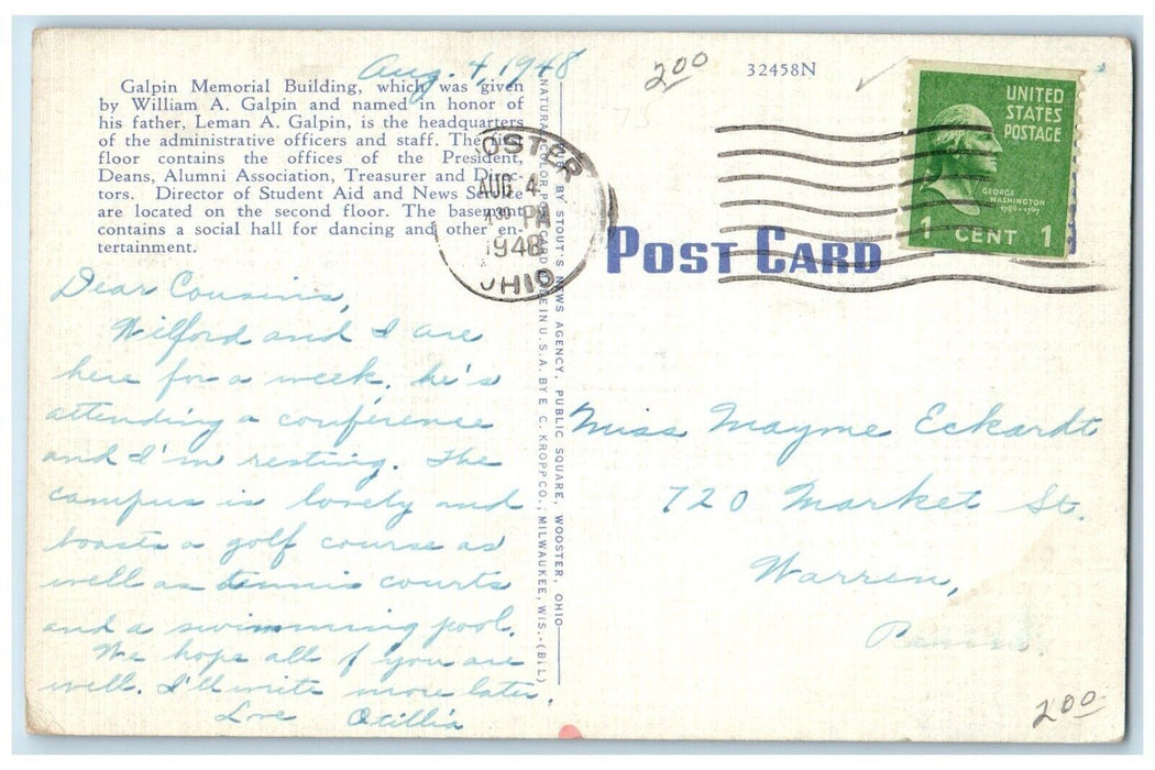1948 Wooster OH, Administration Building Galpin Hall College Of Wooster Postcard