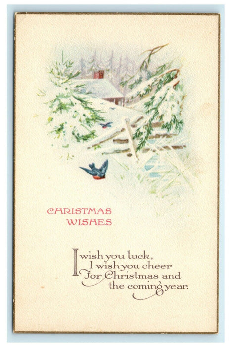 Antique 1920's Christmas Pine Trees Song Bird Cottage Snow Postcard