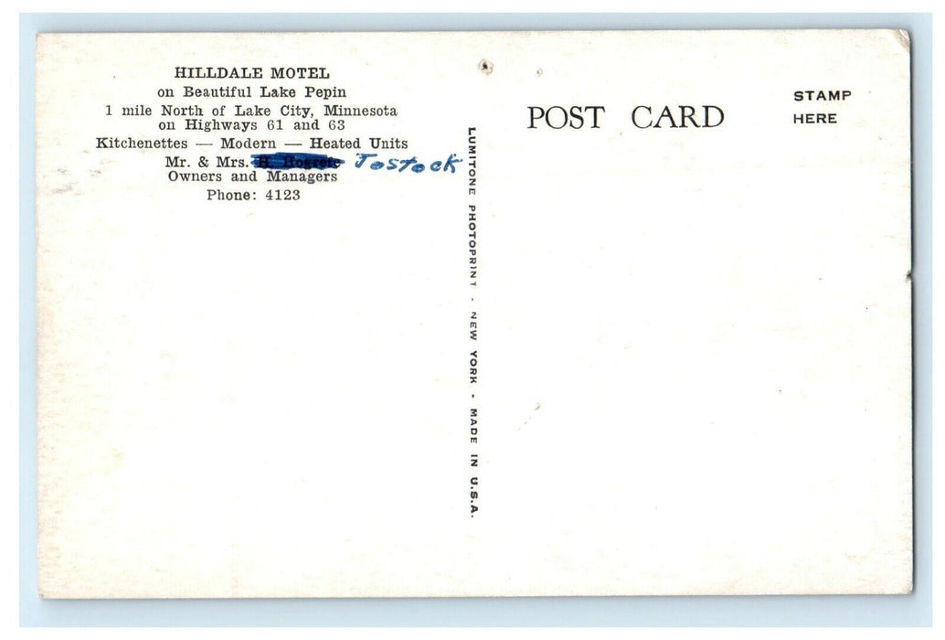 c1940's Hilldale Motel Beautiful Lake Pepin Lake City Minnesota MT Postcard