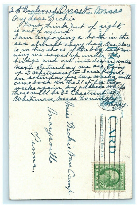 1920 Highway Bridge Onset Bay Massachusetts MA Posted Postcard