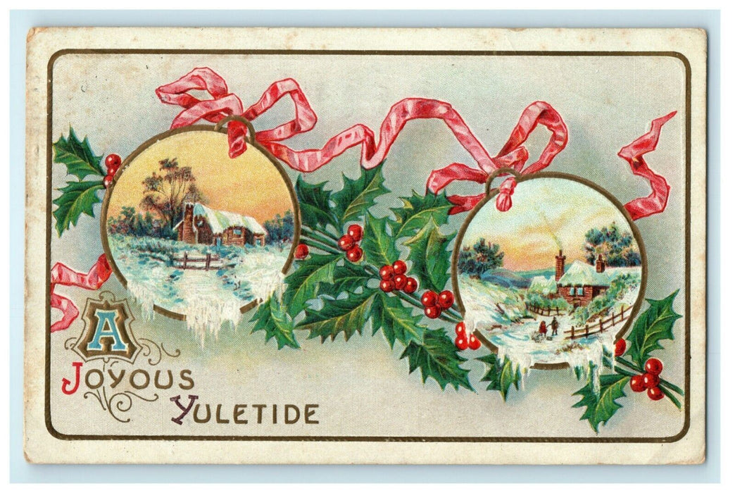 Antique 1910's Christmas Cottages Holly Yuletide Hand Drawn Embossed Postcard