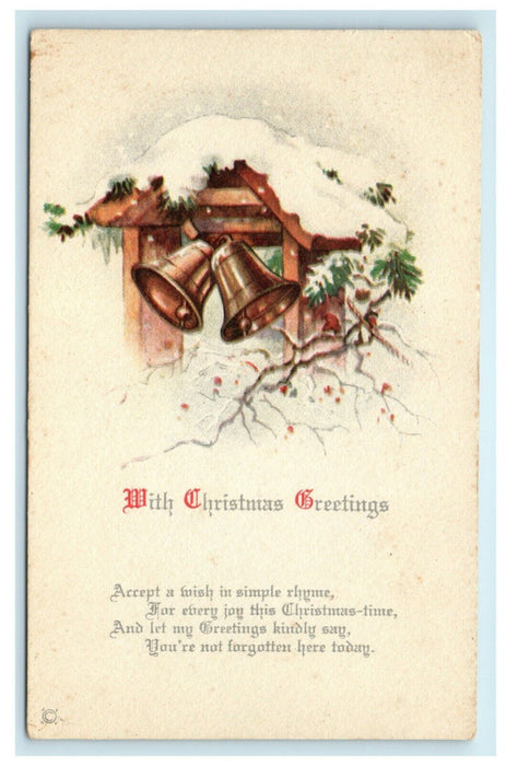 Antique 1920's Christmas Pine Tree Bells Poem Vintage Postcard