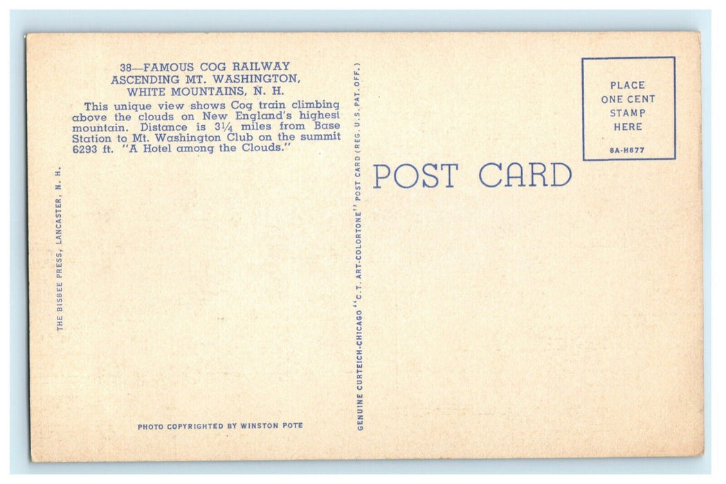 c1940's Cog Railway Mt. Washington New Hampshire NH White Mountains Postcard