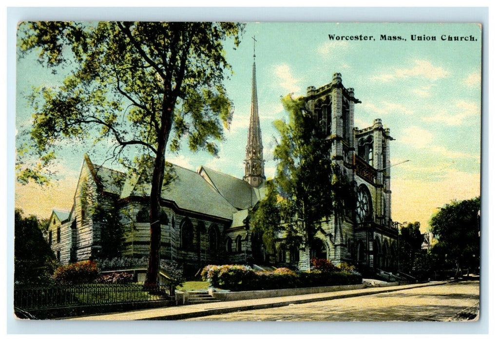 1909 Union Church Side View, Worcester, Massachusetts MA Antique Postcard