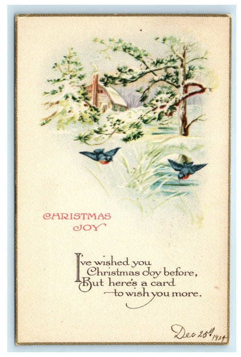 Antique 1920's Christmas Wreath Song Bird Cottage Snow Seal Stamp Postcard