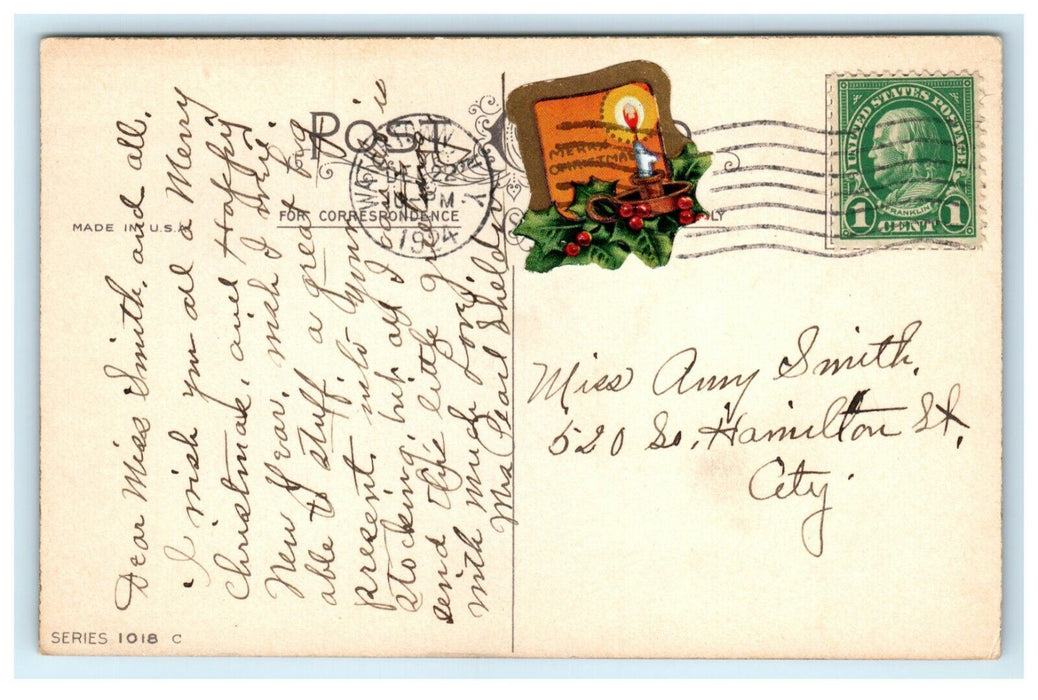 Antique 1920's Christmas Wreath Song Bird Cottage Snow Seal Stamp Postcard