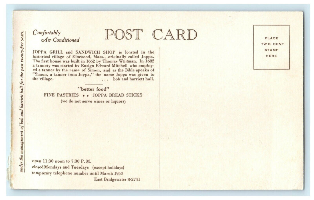 1953 Joppa Grill Elmwood East Bridgewater Massachusetts MA Unposted Postcard