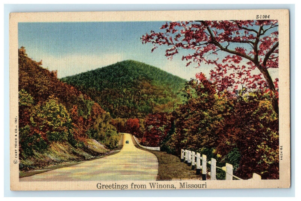 1955 Greetings From Winona Missouri MO Road Car Vintage Postcard